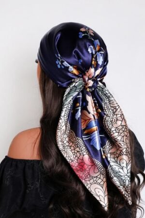 Vintage 90×90cm Navy Blue Floral Polyester Scarf Bordered Large Square Versatile Headscarf