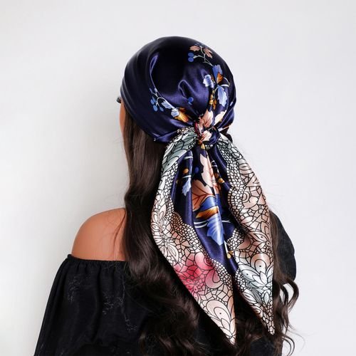 Vintage 90×90cm Navy Blue Floral Polyester Scarf Bordered Large Square Versatile Headscarf