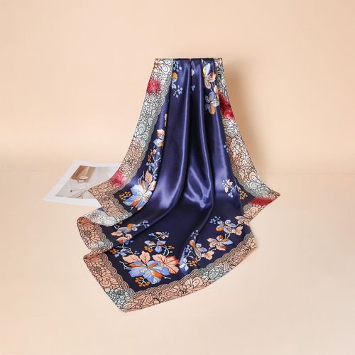 Vintage 90×90cm Navy Blue Floral Polyester Scarf Bordered Large Square Versatile Headscarf - Image 2