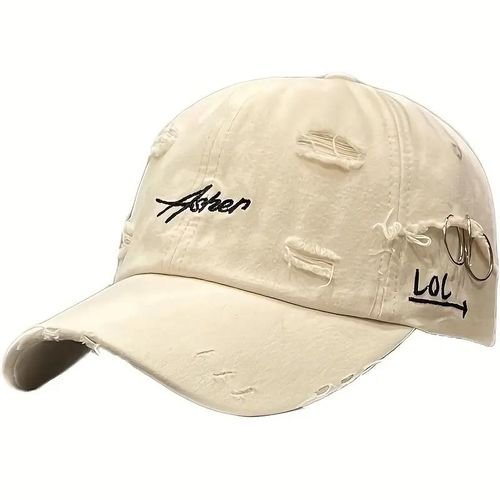 Share this product A White Stylish Men'S Baseball Cap With A Distressed Look, Featuring A Vintage American Design And Letter Details, Inspired By Korean Fashion., Suitable For Women